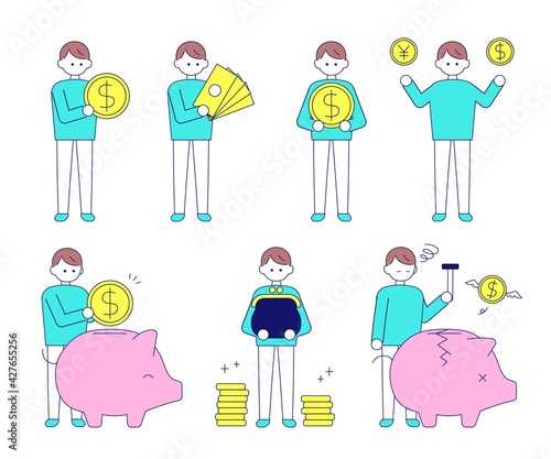 ミニマムシンプルな人物　お金・貯金　　カラーver