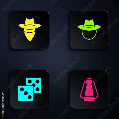 Set Camping lantern, Cowboy, Game dice and Western cowboy hat. Black square button. Vector