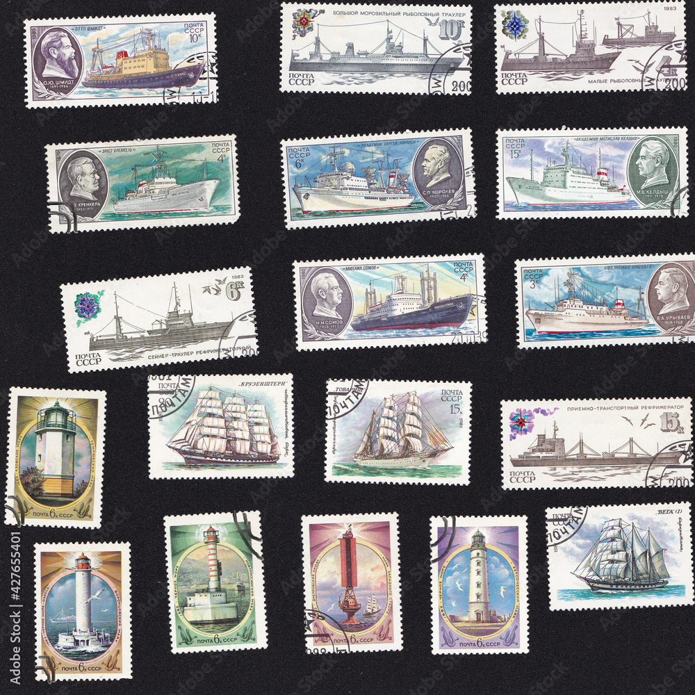 A set of postage stamps. Submarines, ships and icebreakers. The ship is on the stamp. Collage with old sea transport. Drawing on an old stamp. USSR - circa 1980.