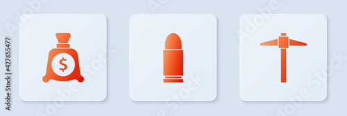 Set Bullet, Money bag and Pickaxe. White square button. Vector