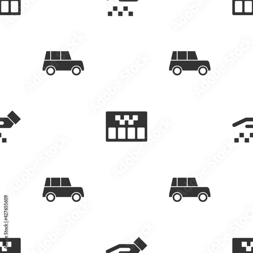 Set Hand with taxi, Taximeter and Car on seamless pattern. Vector