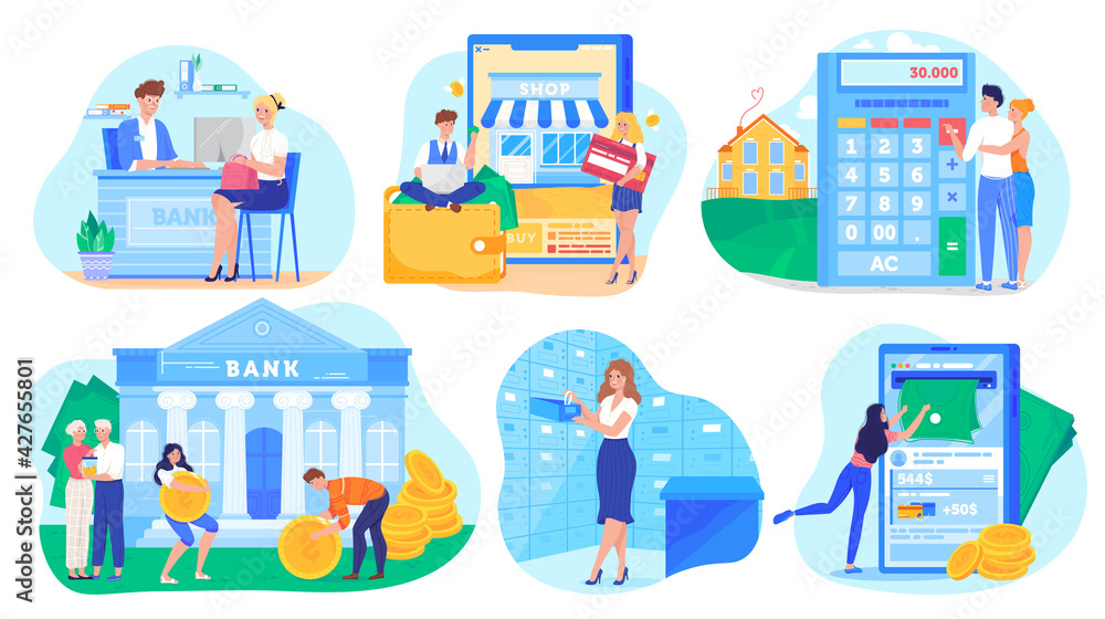 Banking concept, people cartoon characters saving money and shopping online, vector illustration