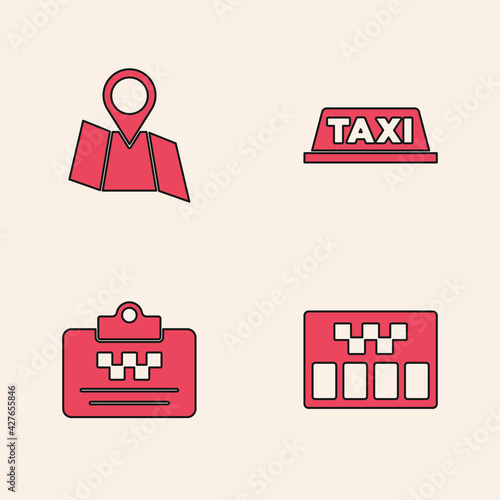 Set Taximeter, Folded map with location, car roof and driver license icon. Vector