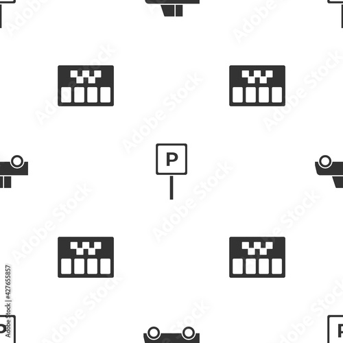 Set Car, Parking and Taximeter on seamless pattern. Vector