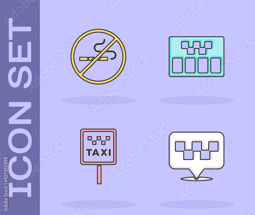 Set Location with taxi, No Smoking, Road sign for stand and Taximeter icon. Vector