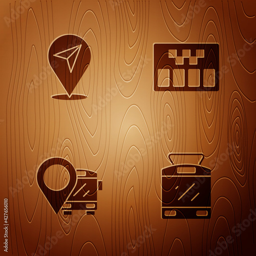 Set Tram and railway, Location, with bus and Taximeter on wooden background. Vector