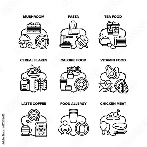 Food Collection Set Icons Vector Illustrations. Food Calorie And Vitamin, Tea And Latte Coffee Hot Energy Drinks, Mushroom And Chicken Meat, Pasta And Cereal Flakes Dish Black Illustration