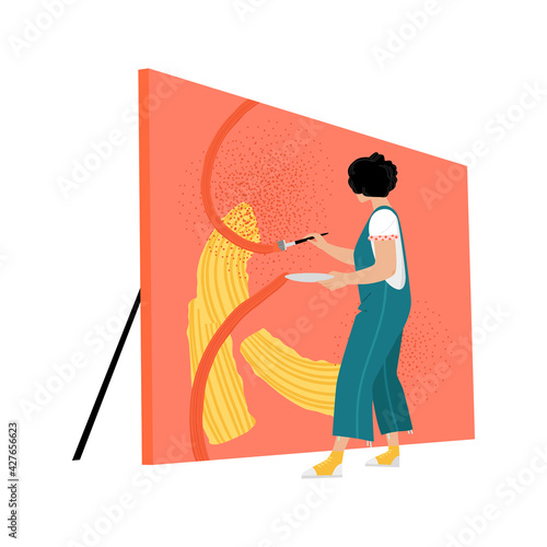 The girl paints an abstract picture. Contemporary art concept. Vector illustration of young creative woman