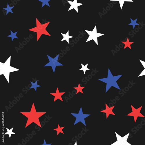 White, Red and Blue Stars with Dots Seamless Pattern