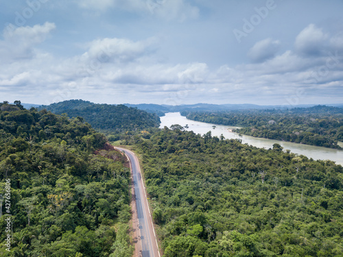 Beautiful drone aerial view of Amazon rainforest trees landscape, BR 163 road and Jamanxim river Para, Brazil. Concept of nature, ecology, environment, global warming, conservation, transport, forest.