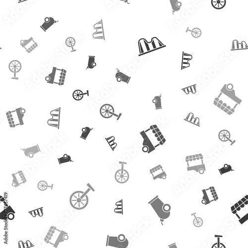 Set Roller coaster, Cannon, Fast street food cart and Unicycle or one wheel bicycle on seamless pattern. Vector