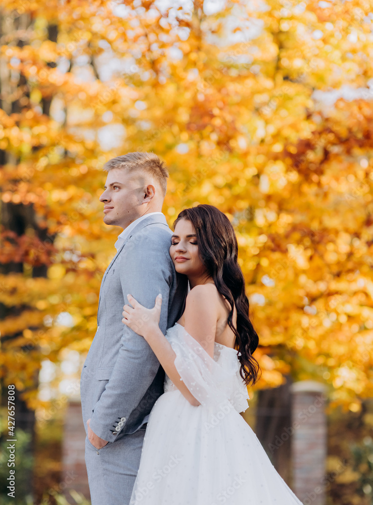 Side view of brunette bride hugging her groom from behind in autumn park. Concept of wedding couple Side view of brunette bride hugging her groom from behind in autumn park. Concept of wedding couple