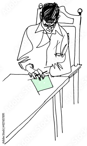Man working at desk at office, line drawing. Traditional work with paper and pen. Pen and ink drawing. Minimalistic line drawing. 