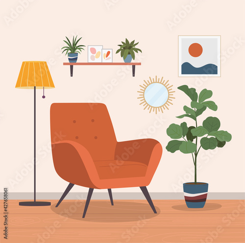 Comfortable chair and house plants. Vector flat illustration