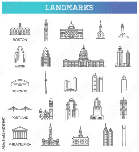 Simple linear Vector icon set representing global tourist american landmarks and travel destinations for vacations #427658097