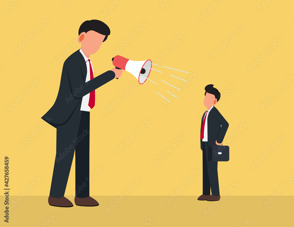 Reproach with businessman. manager screaming in megaphone on man colleague Reproach with businessman. manager screaming in megaphone on man colleague