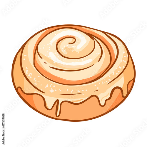 Cinnamon rolls wrapped in a spiral with a glazed white filling. For fast food menus