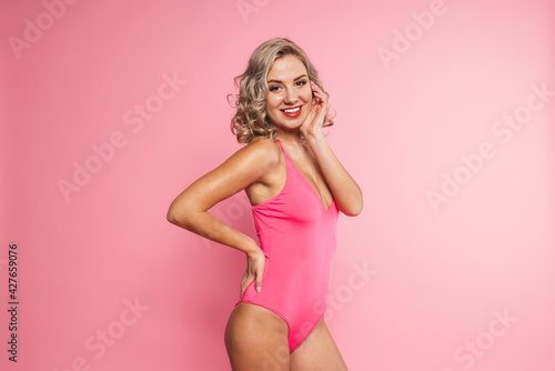 Portrait of a blonde young woman wearing swimsuit