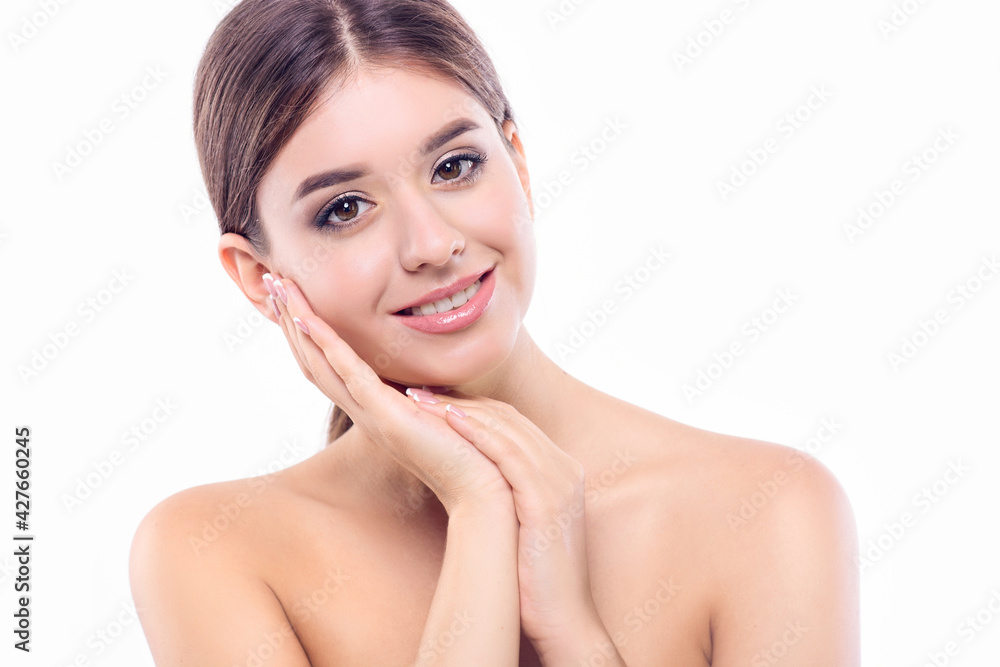Beautiful girl with perfect skin, with a beautiful smile and clean white teeth.Face care. Cosmetology, beauty and spa.Concept health and beauty Beautiful girl with perfect skin, with a beautiful smile and clean white teeth.Face care. Cosmetology, beauty and spa.Concept health and beauty