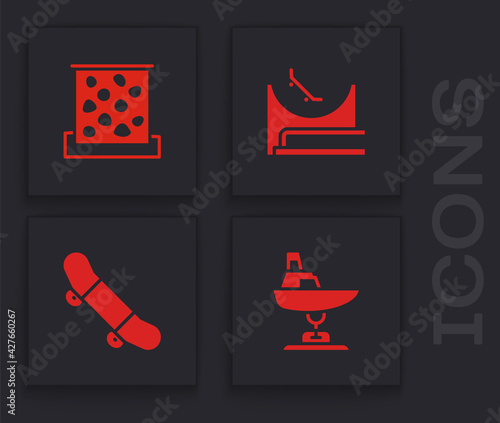 Set Swing boat, Climbing wall, Skate park and Skateboard trick icon. Vector