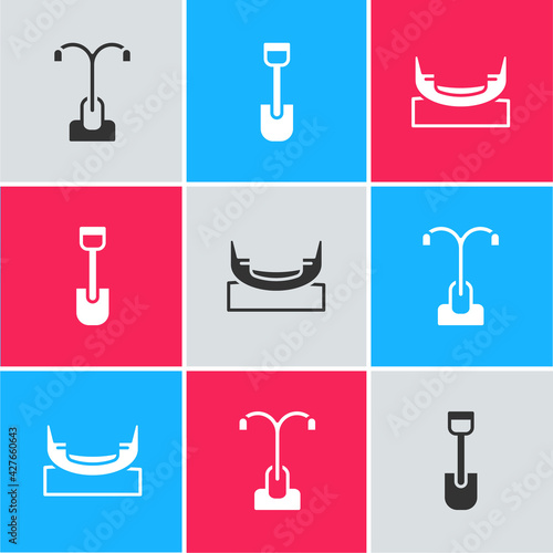 Set Street light, Shovel toy and Boat swing icon. Vector