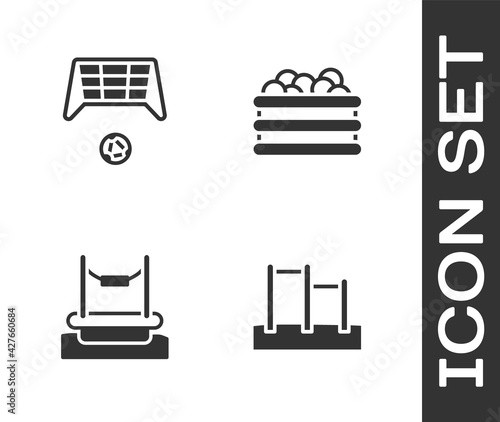 Set Horizontal bar, Soccer goal with ball, Bungee and Pool balls icon. Vector