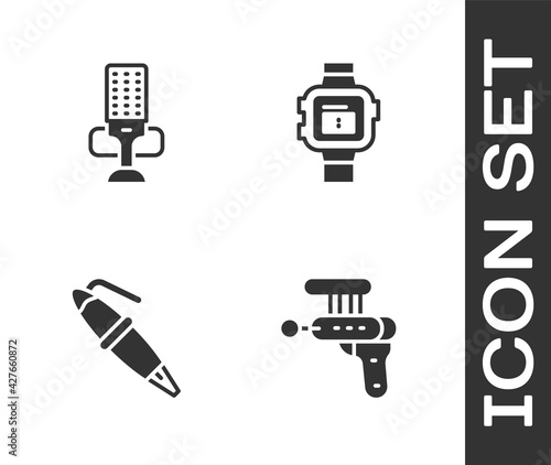 Set Ray gun, Microphone, Fountain pen nib and Wrist watch icon. Vector