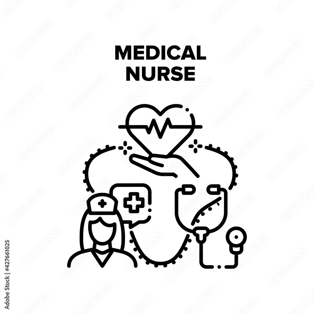 Medical Nurse Vector Icon Concept. Medical Nurse Carrying And Examining Patient Heart Beat Pressure With Stethoscope Medical Equipment. Hospital Medicine Worker Checking Health Black Illustration