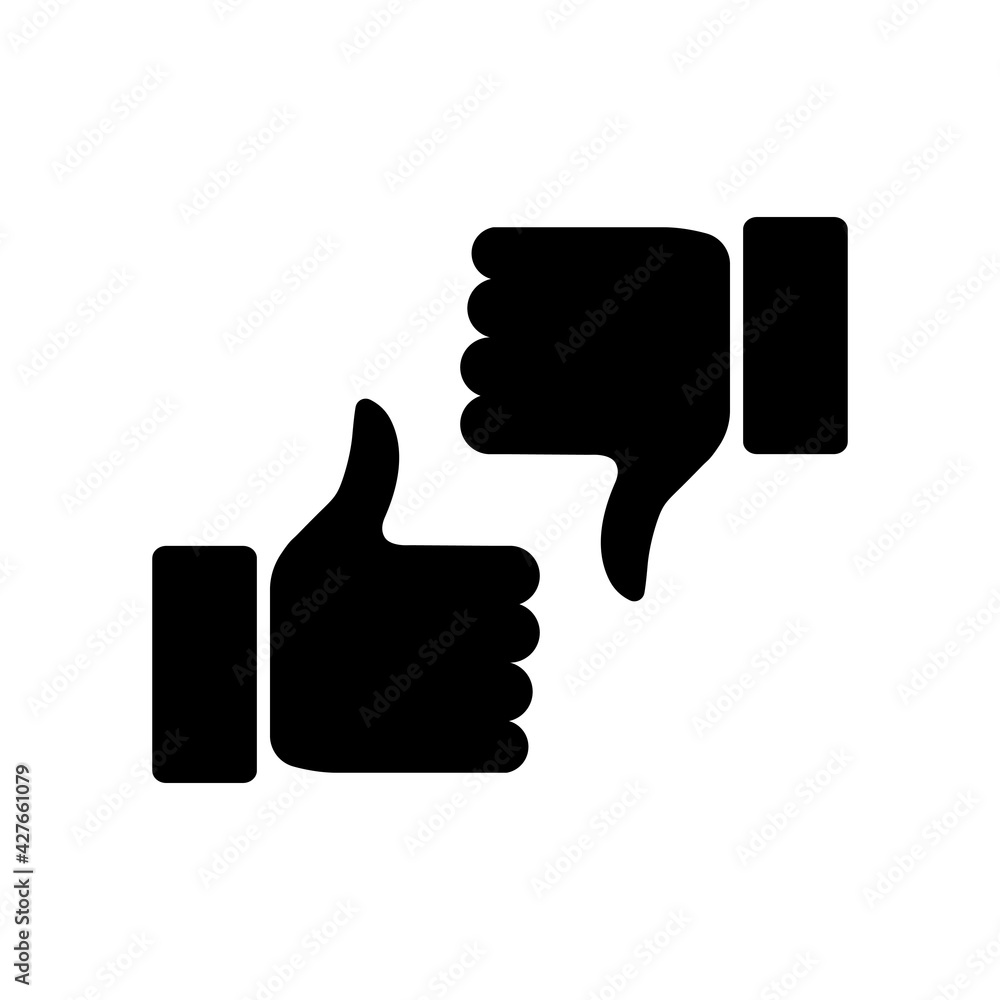 Thumbs up and thumbs down icon. Like and dislike black silhouette sign. Disagree with agree outline symbol. Arm gesture. Vector isolated on the white background Thumbs up and thumbs down icon. Like and dislike black silhouette sign. Disagree with agree outline symbol. Arm gesture. Vector isolated on the white background