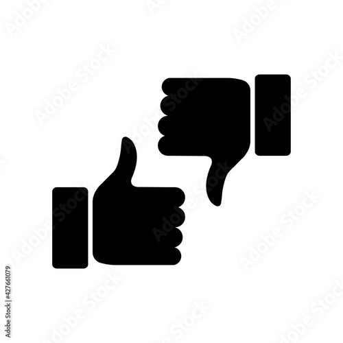 Thumbs up and thumbs down icon. Like and dislike black silhouette sign. Disagree with agree outline symbol. Arm gesture. Vector isolated on the white background