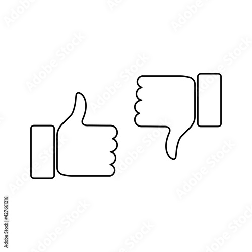 Thumbs up and thumbs down icon. Like and dislike line sign. Disagree with agree outline symbol. Arm gesture. Vector isolated on the white background