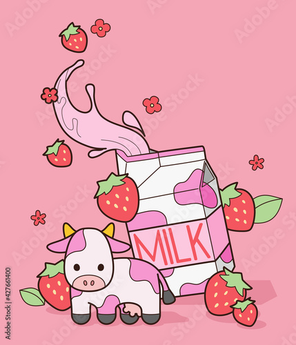 Strawberry milk carton with cute cow
