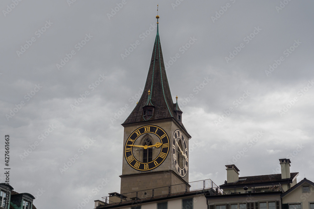 Clock tower of Saint Peter church in Zurich, Switzerland