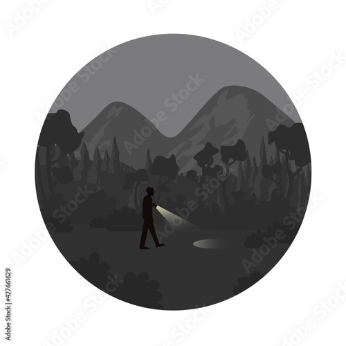 A lost man turn on the flashlight to find a way out.