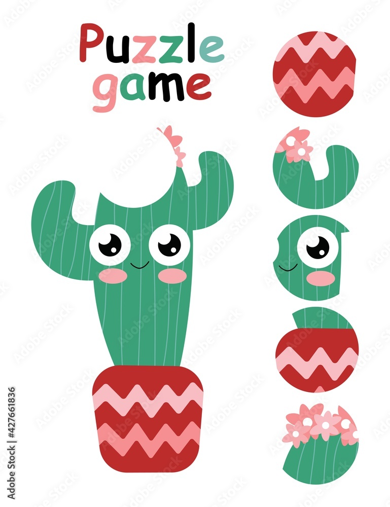 Fototapeta premium Happy cute blooming cactus girl puzzle game for children stock vector illustration. Find the correct piece and complete the picture. Happy Cinco de Mayo children activity page printable worksheet