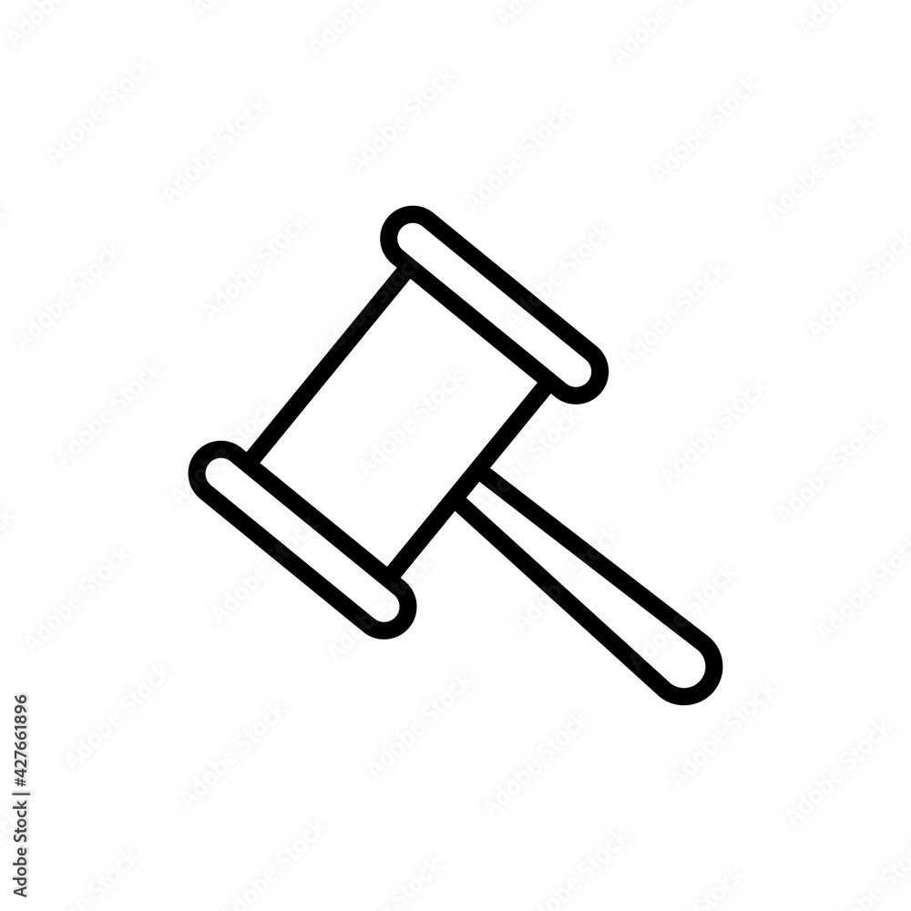 Hammer justice line icon. Law symbol. Court gavel linear illustration. Judge gavel sign. Vector isolated on white. Hammer justice line icon. Law symbol. Court gavel linear illustration. Judge gavel sign. Vector isolated on white.