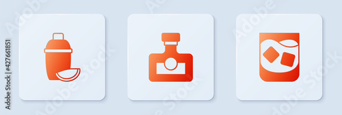 Set Alcohol drink Rum, Cocktail shaker with lime and Glass of whiskey. White square button. Vector
