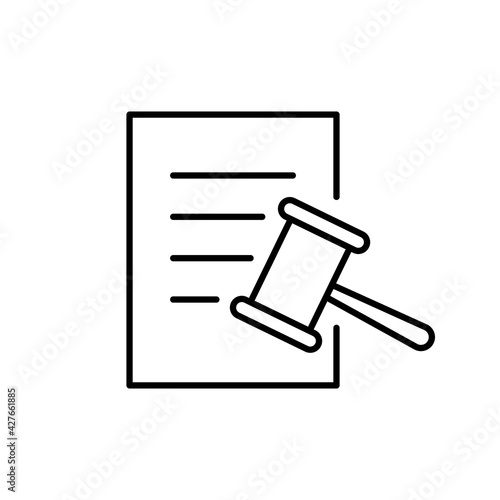 Document with gavel line icon. Low contract form. Vector isolated on white