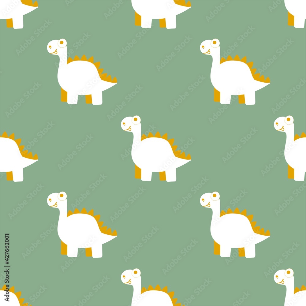 Fototapeta premium Simple cartoon dinosaurs natural colors seamless pattern vector. Hand-drawn friendly prehistoric animals by white, jade and goldenrod colors. Happy dino seamless pattern for children clothes and more