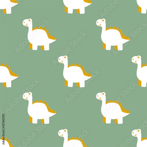 Fototapeta Naklejka Na Ścianę i Meble -  Simple cartoon dinosaurs natural colors seamless pattern vector. Hand-drawn friendly prehistoric animals by white, jade and goldenrod colors. Happy dino seamless pattern for children clothes and more