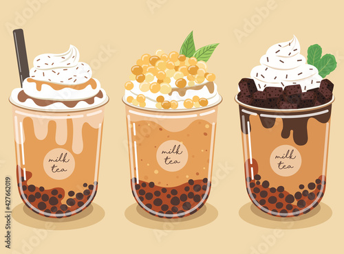 Pearl milk tea set Contains chocolate brownies and whipped cream Topped with caramel sauce On a pastel background.