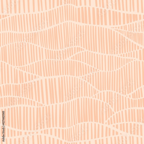 Aesthetic minimalist boho seamless pattern with hand drawn dashes in mid century style in an earthy palette. Modern background with trendy abstract mountain landscape.