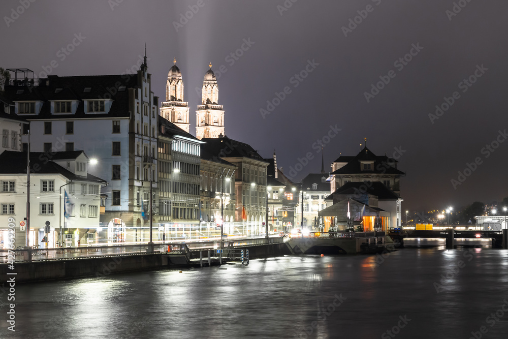 Grossmunster and Limmatquai in Zurich at night, Switzerland