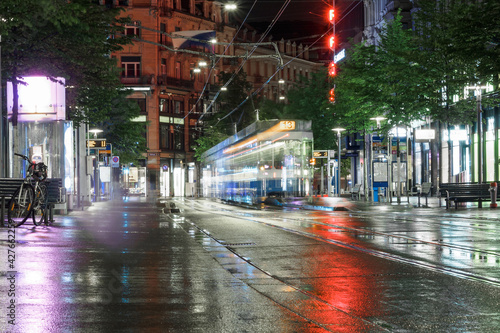 Night lights at street Bahnhofstrasse with the 13 tram in Zurich, Switzerland