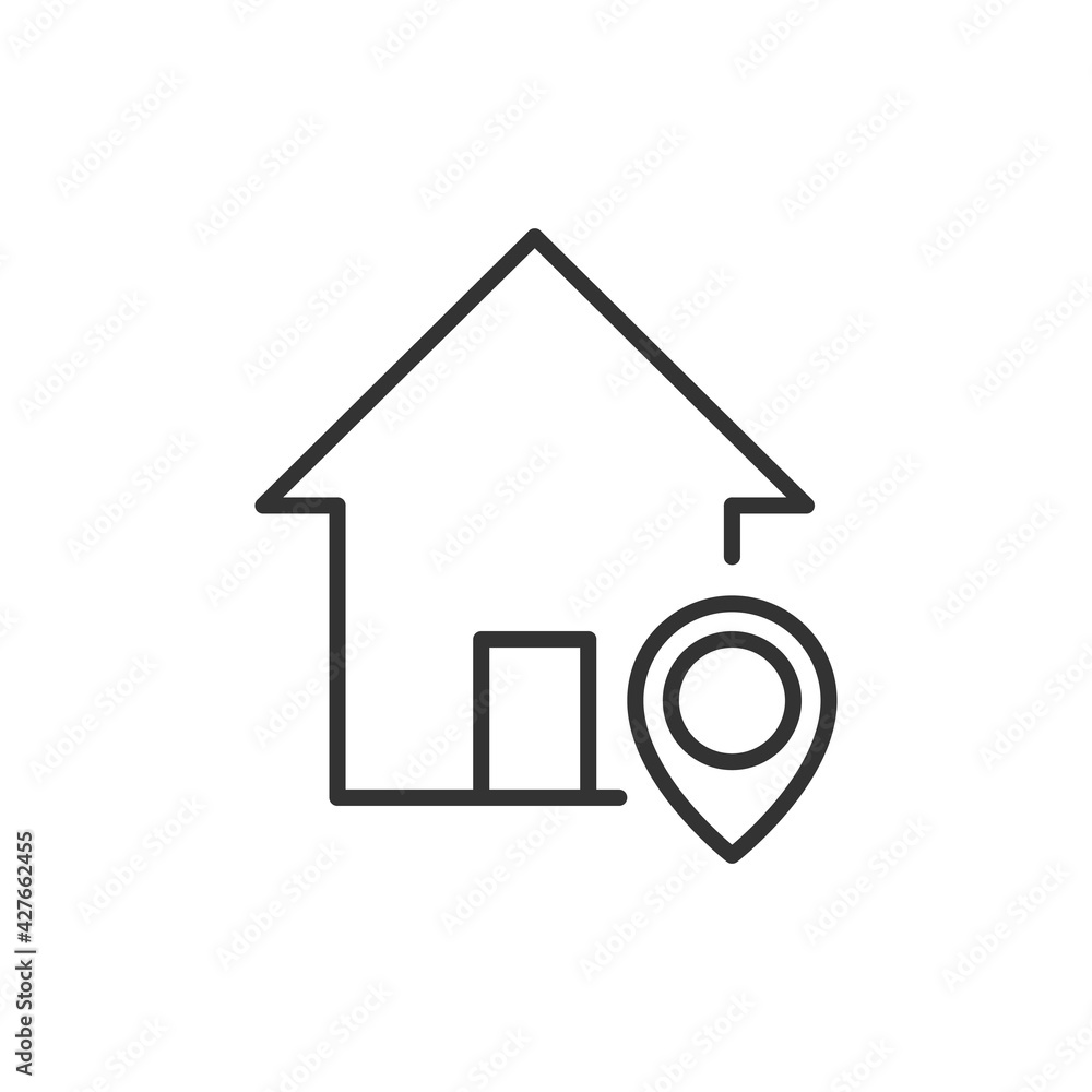 Home icon. House black pictogram with map pin sign. Home location concept. Building silhouette symbol. Vector isolated on white	