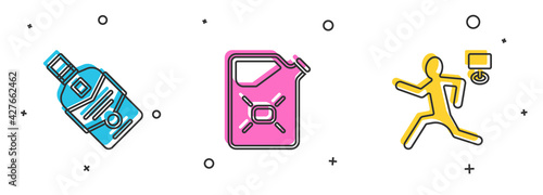 Set Whiskey bottle, Canister fuel and Murder icon. Vector