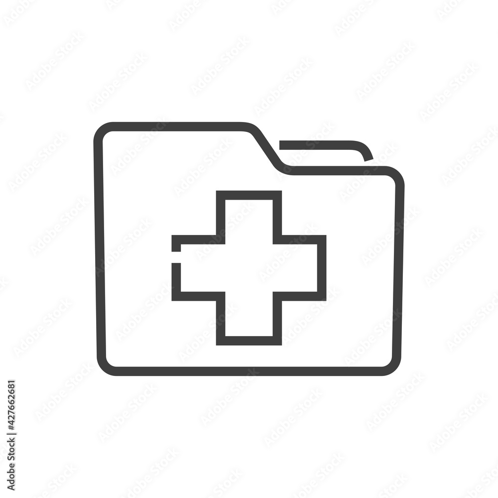 Icono expediente médico. Carpeta con cruz de hospital con lineas de color gris Icono expediente médico. Carpeta con cruz de hospital con lineas de color gris