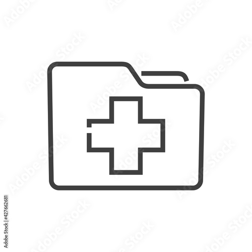 Icono expediente médico. Carpeta con cruz de hospital con lineas de color gris