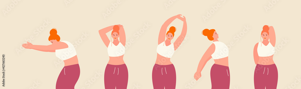 Girl doing relaxing exercises for the muscles of the neck, back and shoulders. Posture correction vector illustration