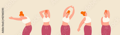 Girl doing relaxing exercises for the muscles of the neck, back and shoulders. Posture correction vector illustration